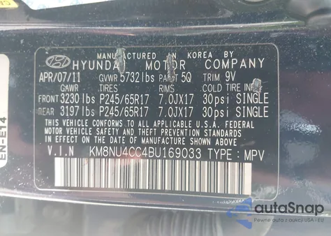 2011 Hyundai Veracruz Gls from USA, damaged, VIN KM8NU4CC4BU169033